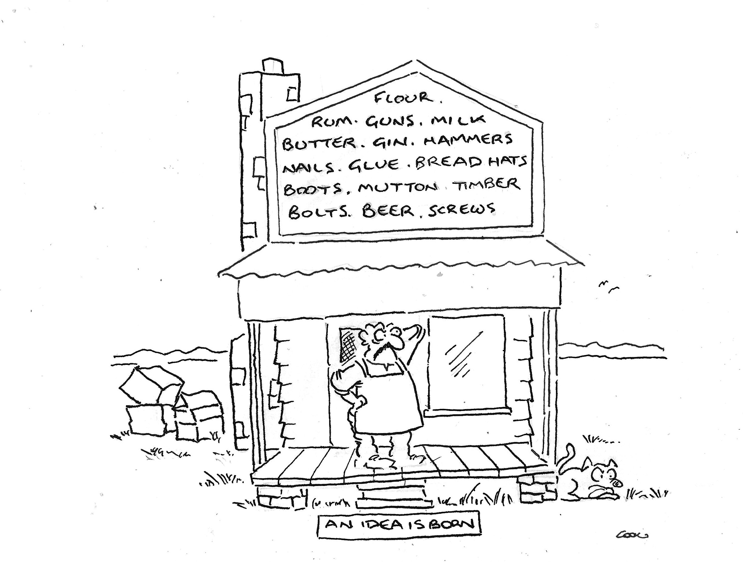 Cartoon of an old-fashioned general store selling groceries, liquor and hardware, captioned “An idea is born.”