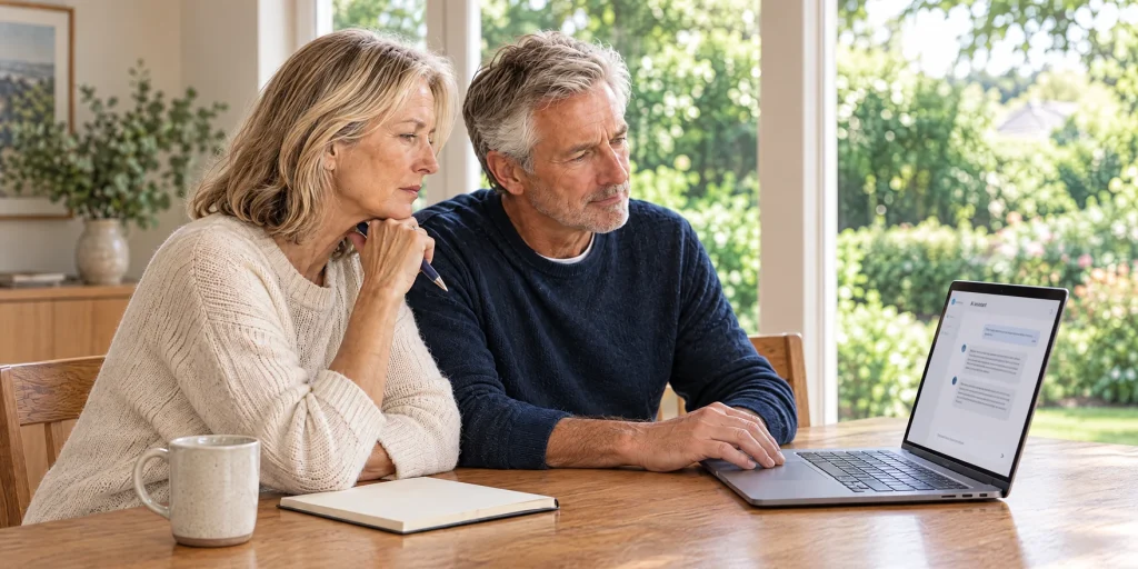 Illustrative couple considering a chatbot response on a laptop while discussing retirement decisions at home.