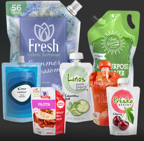 Amcor flexible packaging formats — stand-up/spouted pouches across home care, condiments, dressings and nutrition.*