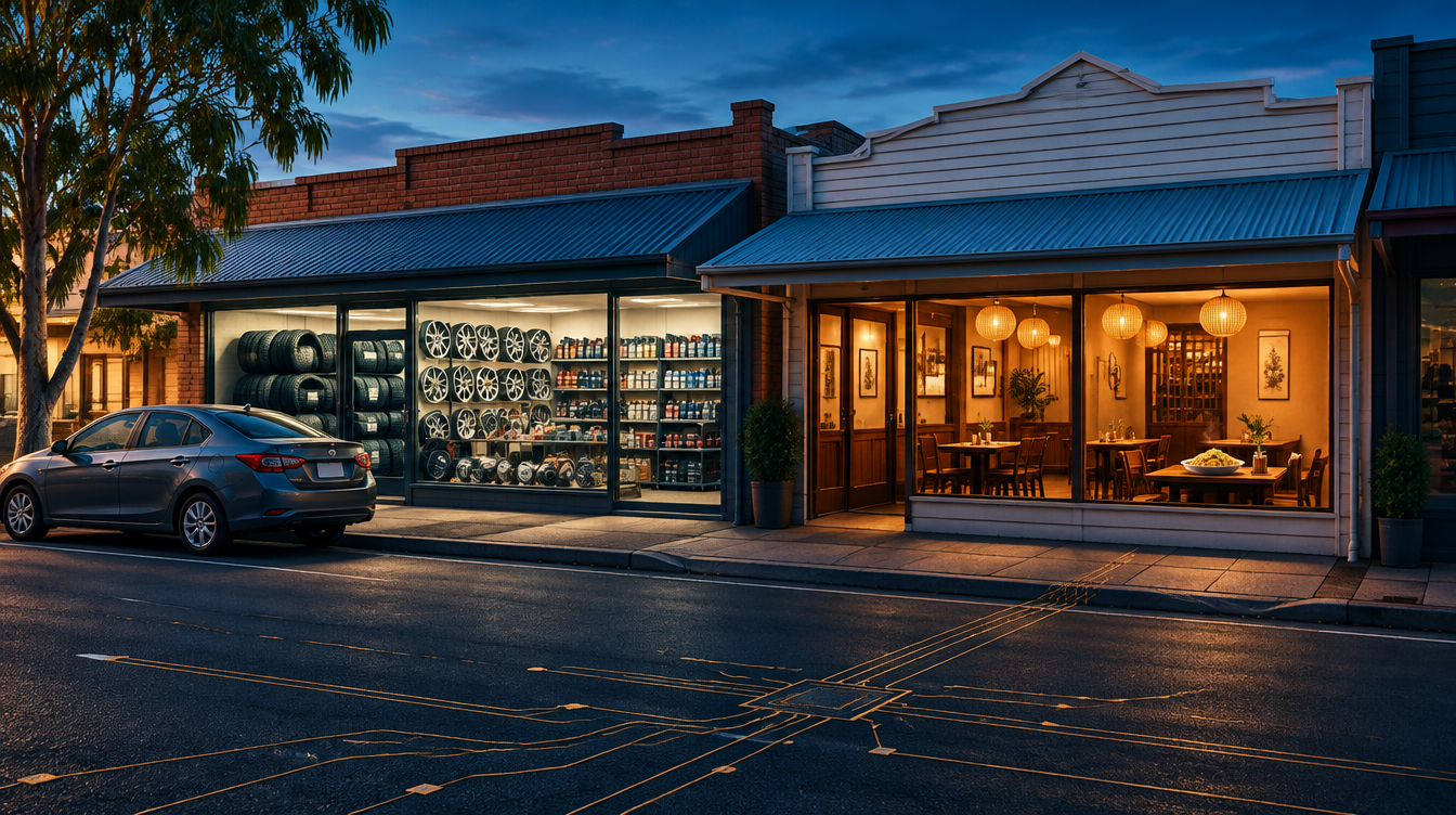 Illustrative Australian shopping strip with an automotive parts shop and warmly lit restaurant, connected by circuit patterns across the foreground.