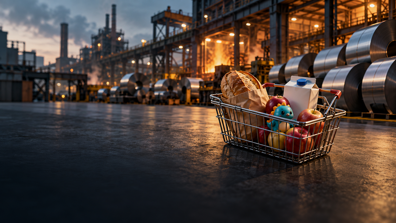 AI-generated conceptual illustration of a grocery basket with everyday food and a small collectible toy in front of a steelworks.
