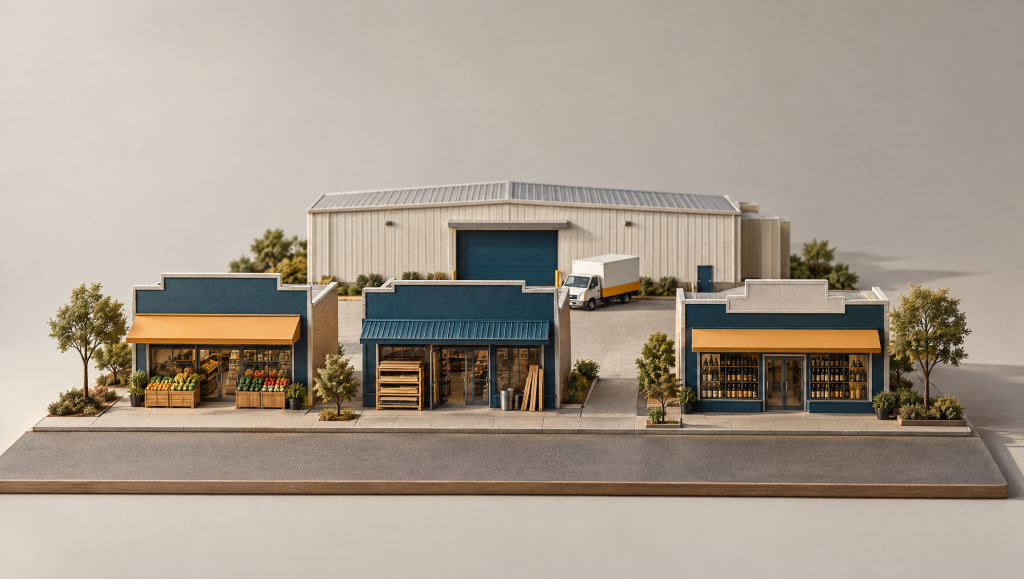 Illustration of independent grocery, hardware and bottle shops with a wholesale warehouse behind them.