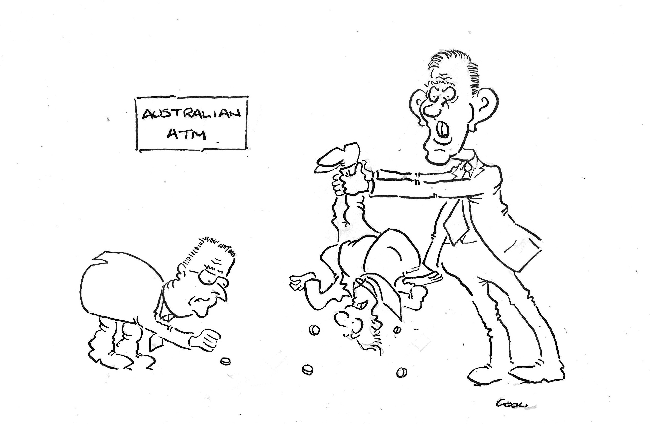 Patrick Cook cartoon labelled “Australian ATM”: a suited man shakes coins from an upside-down customer while another collects them.