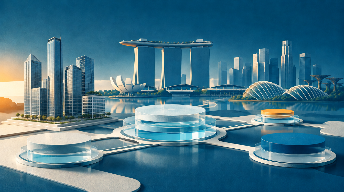 Illustration of Singapore’s skyline and digital money in blue, white and orange.