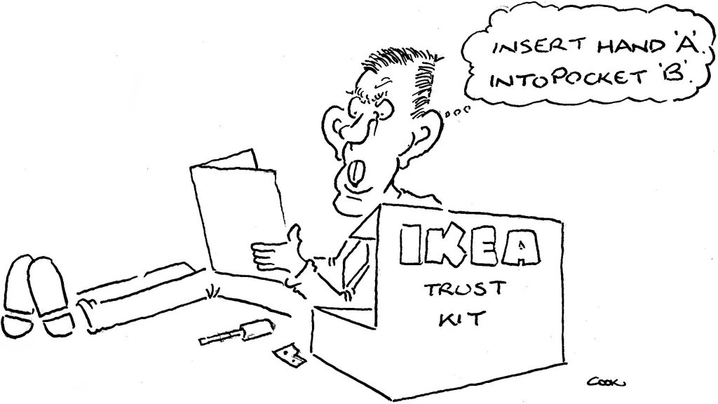 Patrick Cook cartoon: a man assembles an IKEA trust kit, with instructions to put hand A into pocket B.