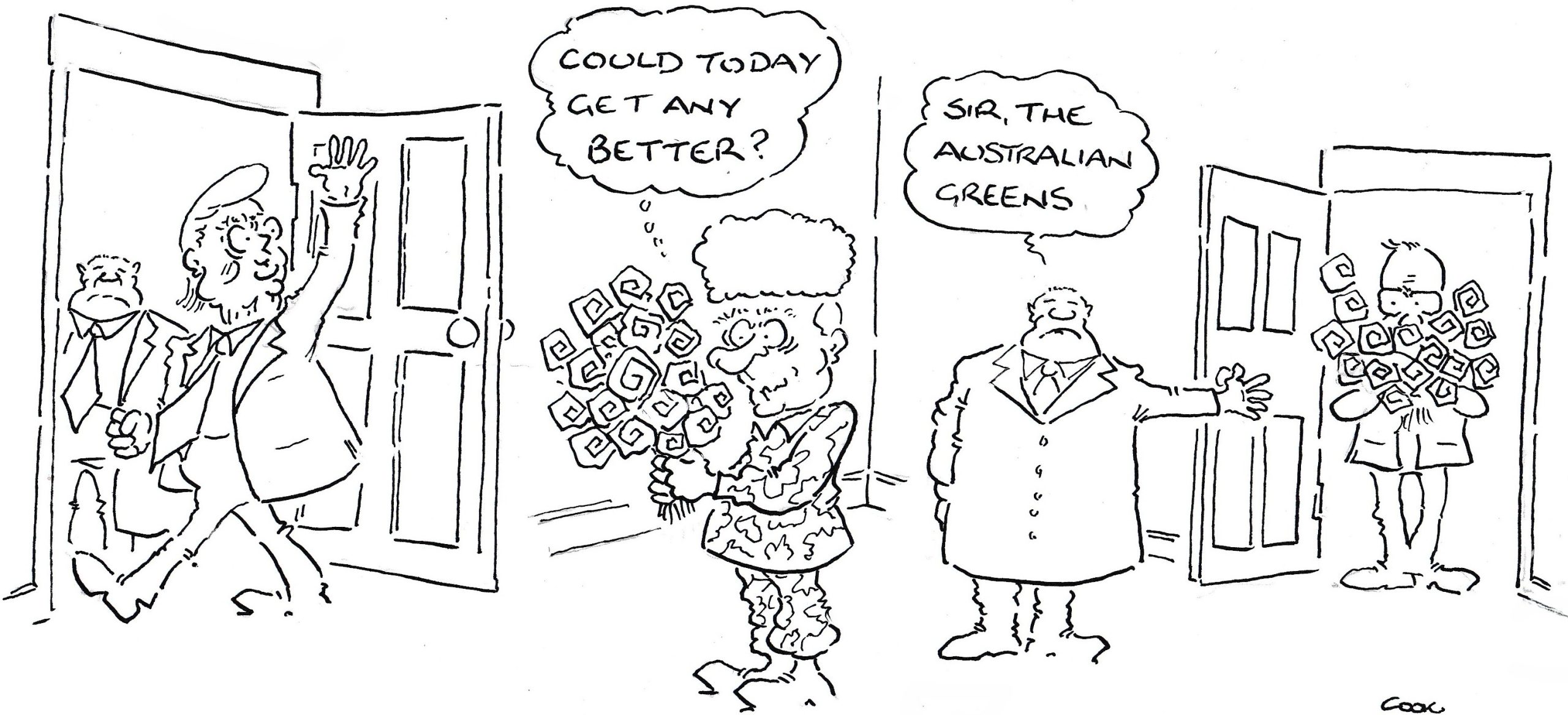 Patrick Cook cartoon: Vladimir Putin receives a visitor announcing the Australian Greens.
