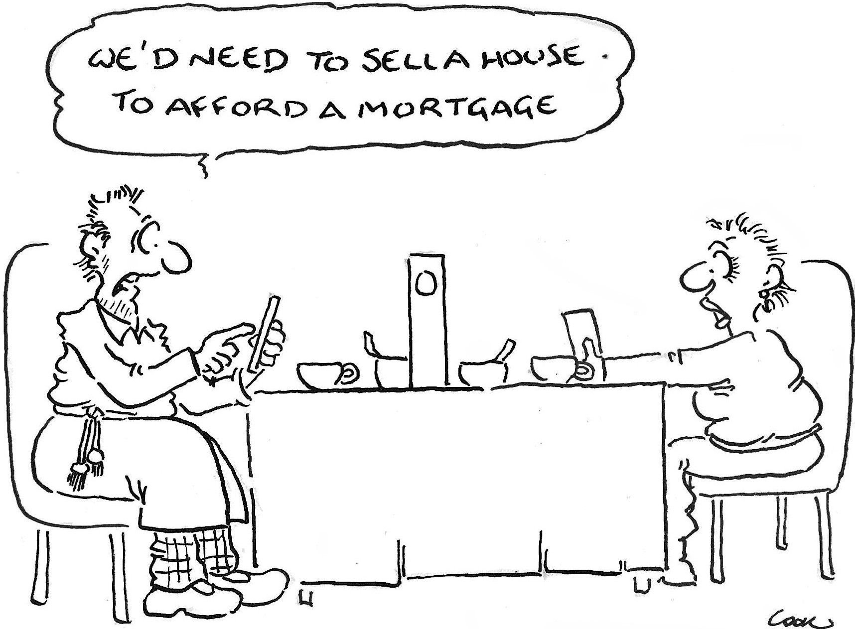 Patrick Cook cartoon: a couple discuss needing to sell a house to afford a mortgage.