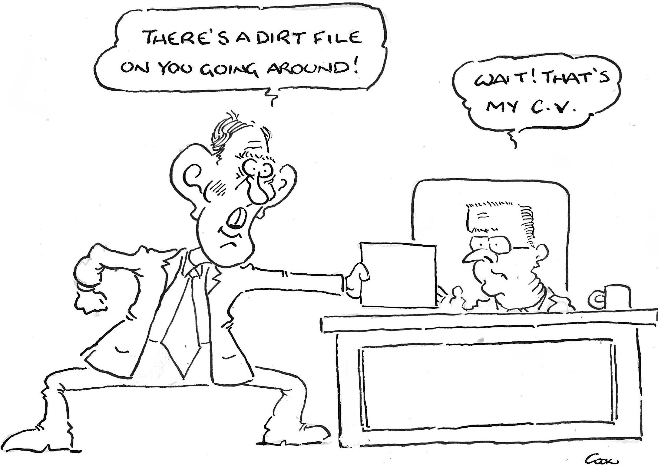 Patrick Cook cartoon: a man mistakes a dirt file about him for his CV.