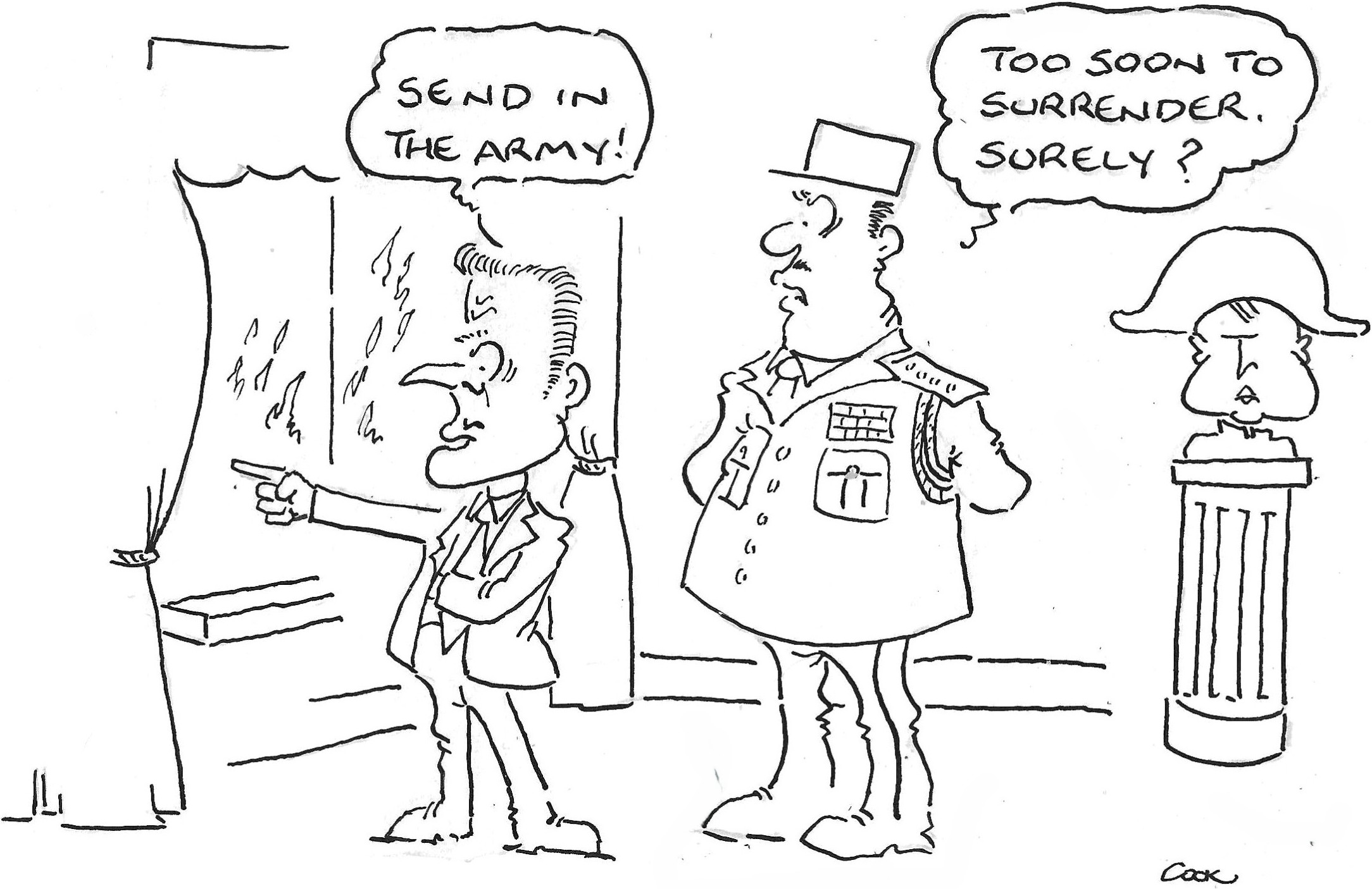 Patrick Cook cartoon: Macron asks to send in the army, prompting a joke about surrender.